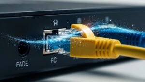 Cabo de rede Ethernet conectado a um dispositivo para garantir estabilidade na Configuração IPTV Portugal.