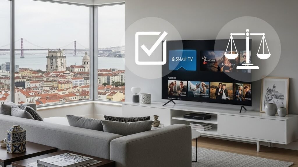 IPTV legal em Portugal exibido numa smart TV com símbolos de legalidade