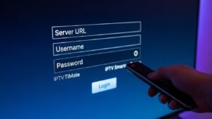 Ecrã de TV a mostrar o menu de login para inserir dados Xtream Codes na configuração IPTV.