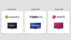  Infográfico limpo a mostrar os logótipos do Android TV, Tizen OS e WebOS, cada um sobre uma imagem estilizada de uma televisão.