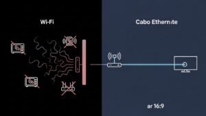 Infográfico comparando uma conexão instável de internet Wi-Fi com uma conexão estável via Cabo Ethernet, mostrando por que o cabo resolve o problema de IPTV lento.