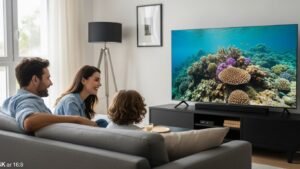 Família feliz assistindo TV em 4K com imagem perfeita, representando a experiência ideal de IPTV sem travamentos após resolver os problemas de internet lenta.