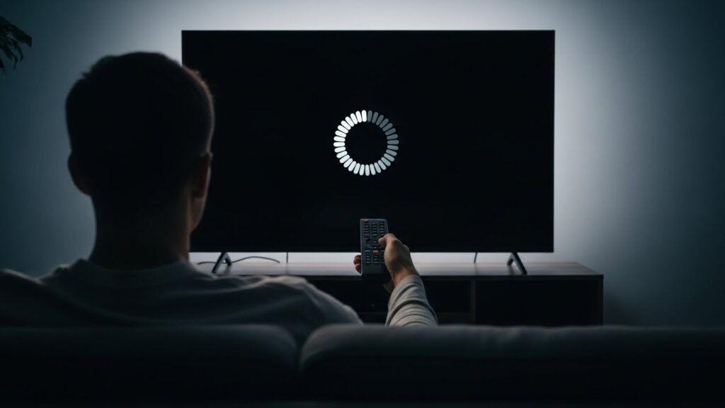 Pessoa frustrada a olhar para um ecrã de televisão preto com um símbolo de carregamento, porque os seus IPTV canais não carregam.