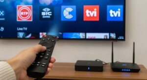 Equipamento de IPTV com logótipos de canais portugueses no ecrã.