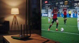 Smart TV exibindo IPTV HD e 4K com estatísticas de rede para teste de estabilidade.