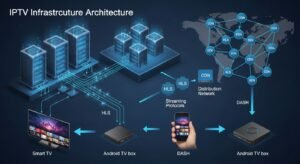 Diagrama técnico da infraestrutura IPTV com servidores e distribuição CDN.