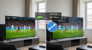 Comparação entre IPTV estável em 4K e IPTV com buffering durante transmissão em Portugal.