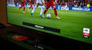 A highly detailed close-up of a Smart TV displaying a crystal-clear 4K live Portuguese soccer match, representing a premium IPTV experience for users in Portugal or abroad.
