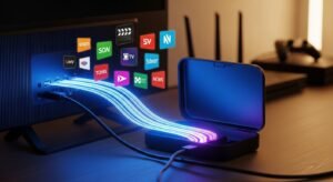 close-up de uma Android Box e cabos de rede com fluxos de dados digitais simbolizando a configuração de IPTV.