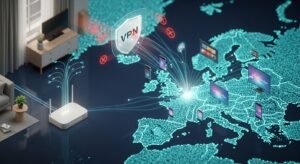 Visualização de uma rede de fibra ótica estável ligando Portugal à Europa, garantindo Smart IPTV sem buffering e bloqueios com proteção VPN.