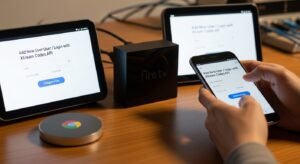 Utilizador a configurar o login Xtream Codes na aplicação IPTV Smarters Pro num smartphone Android, ao lado de um Firestick.