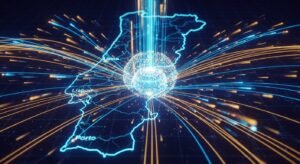 Mapa digital de Portugal com linhas de fibra ótica brilhantes simbolizando a baixa latência e a estabilidade da rede necessária para IPTV.