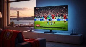Interface do IPTV Smarters Pro numa Smart TV numa sala de estar moderna em Lisboa com a Ponte 25 de Abril ao fundo.