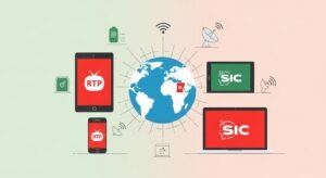 Ilustração vetorial mostrando uma Smart TV, tablet, smartphone e portátil, todos exibindo canais de TV portugueses, com um globo ao fundo ligando-os a Portugal, ideal para a diáspora.