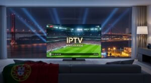 Uma Smart TV moderna numa sala de estar em Lisboa exibindo um jogo de futebol em 4K via IPTV Portuguesse.