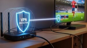 Um router com um escudo digital neon simbolizando proteção VPN e um cabo Ethernet ligado a uma Android TV Box para garantir IPTV estável e sem bloqueios.