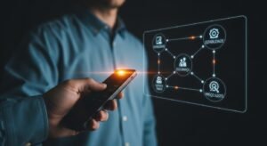 Mão segurando um comando remoto apontando para uma interface digital futurista que mostra os critérios cruciais para escolher o melhor IPTV: Estabilidade, Segurança e Suporte.