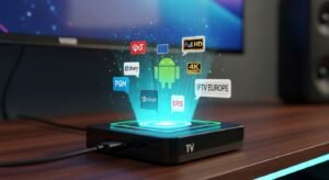 Uma Android TV Box preta num móvel de madeira projetando um holograma futurista com logótipos de canais europeus e ícones de qualidade 4K.
