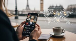 Um telemóvel exibindo canais de televisão portugueses em Paris, ilustrando a expansão do IPTV para o estrangeiro.