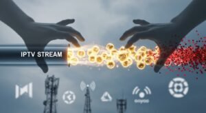 Uma ilustração conceitual de mãos sombrias a apertar um cabo de fibra ótica, causando lentidão nos dados de streaming (Traffic Shaping) que provoca bloqueios no IPTV.