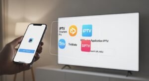 Utilizador a interagir com um smartphone e uma Smart TV para configurar aplicações IPTV como Smarters Pro e TiviMate.