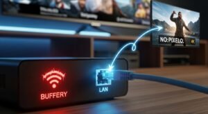 A technical photograph illustrating how connecting an Ethernet cable to an Android TV box fixes buffering issues and provides a stable IPTV connection.