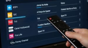 Interface de utilizador de uma aplicação IPTV mostrando a lista de canais portugueses e o guia de programação eletrónico.
