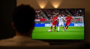 Pessoa assistindo a um jogo de futebol em 4K numa Smart TV numa sala de estar escura, demonstrando a qualidade da imagem IPTV.