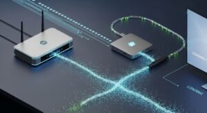 Ilustração 3D conceptual de um router futurista e uma box Android conectados por um cabo de fibra ótica brilhante, mostrando um fluxo de dados rápido e estável para IPTV, sem buffering.