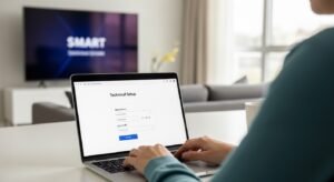 Pessoa a configurar uma lista de canais para iptv grátis para tv num portátil.