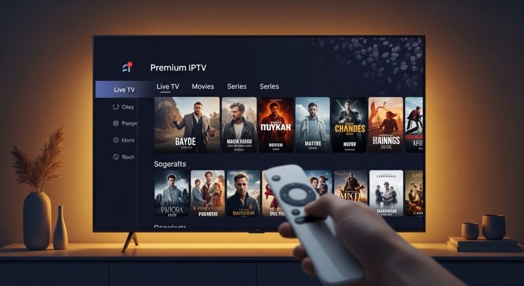 Interface moderna de um app iptv numa Smart TV com categorias de canais, filmes e séries.