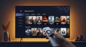 Interface moderna de um app iptv numa Smart TV com categorias de canais, filmes e séries.