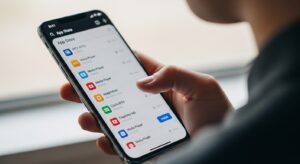 Pessoa a escolher o melhor app iptv num smartphone moderno navegando pela loja de aplicações.