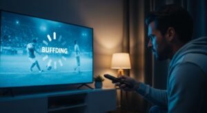 Um homem sentado num sofá de uma sala de estar escura em Portugal, parecendo muito frustrado enquanto olha para uma televisão que mostra um ícone de buffering.