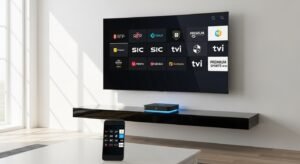 Uma configuração moderna e limpa com uma Smart TV curva, um smartphone e um tablet, todos mostrando uma grelha sincronizada de logótipos de canais portugueses em HD.