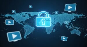 Conjunto de dispositivos (smartphone, tablet, laptop e box Android) exibindo streaming de alta qualidade.