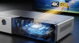 Um grande plano fotográfico de alta tecnologia de uma box IPTV premium, mostrando componentes internos estilizados a brilhar e feixes de luz digitais dourados e azuis a sair em direção a um logótipo 4K.