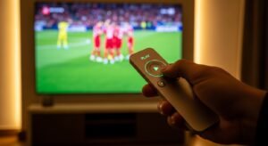 Uma macro focado num controlo remoto moderno com um botão 'play' pressionado, com uma transmissão 4K fluida de um golo de futebol português em segundo plano desfocado.