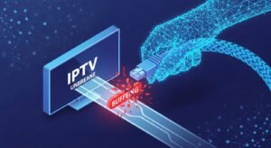 Uma ilustração 3D isométrica em tons de azul e roxo, mostrando uma mão feita de dados a ligar um cabo Ethernet brilhante a uma box IPTV, eliminando um ícone de buffering vermelho.