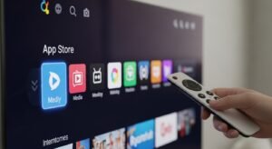 Menu de aplicações de iptv sem custos numa Smart TV moderna.