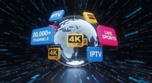 Ilustração conceitual tecnológica mostrando a vasta gama de mais de 20 mil canais e a qualidade 4K oferecida pelo serviço.