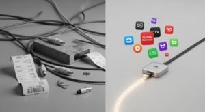 Comparação visual entre o sistema de cabo tradicional confuso e a simplicidade moderna do streaming digital.
