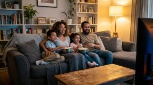 Família feliz a assistir a televisão por internet e streaming português na sala de estar.
