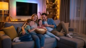 Família feliz reunida no sofá da sala de estar a assistir a um filme em alta definição de forma fluida através do iptv pro.