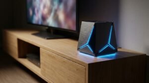 Router de internet de alta velocidade com luzes LED a brilhar, ideal para usar com o iptv pro sem falhas ou buffering.