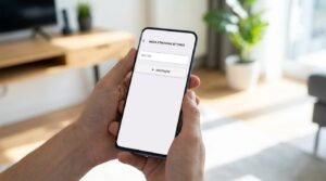Pessoa a configurar listas M3U na aplicação iptv pro num smartphone Android de última geração.