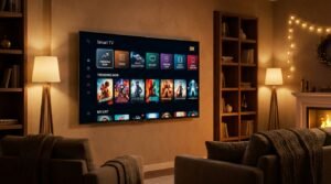 Interface moderna da aplicação iptv pro numa Smart TV exibindo filmes em alta definição numa sala de estar aconchegante.