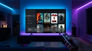 Ekran telewizora wyświetlający nowoczesny interfejs aplikacji do obsługi list na box android iptv.